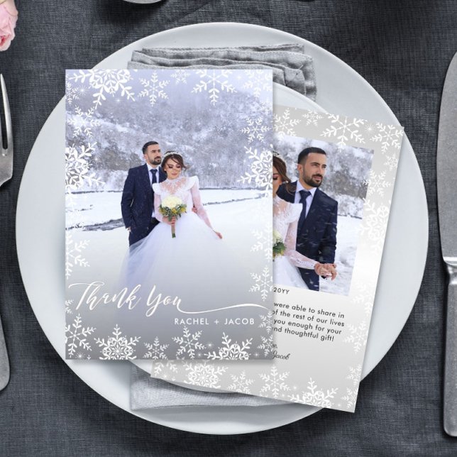 Elegant Snowflakes & Script 2-Photo Winter Wedding Thank You Card (Creator Uploaded)