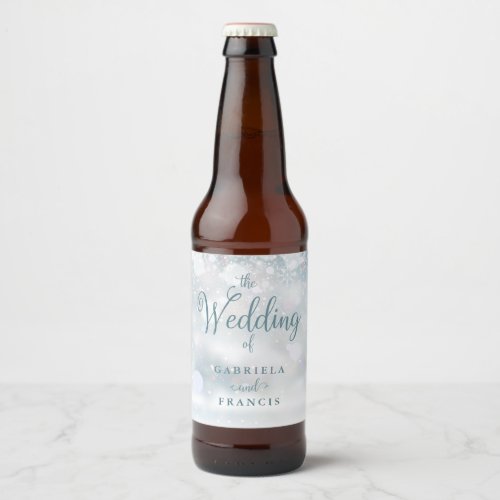 Elegant Snowflakes Script Winter Wedding Beer Bottle Label
