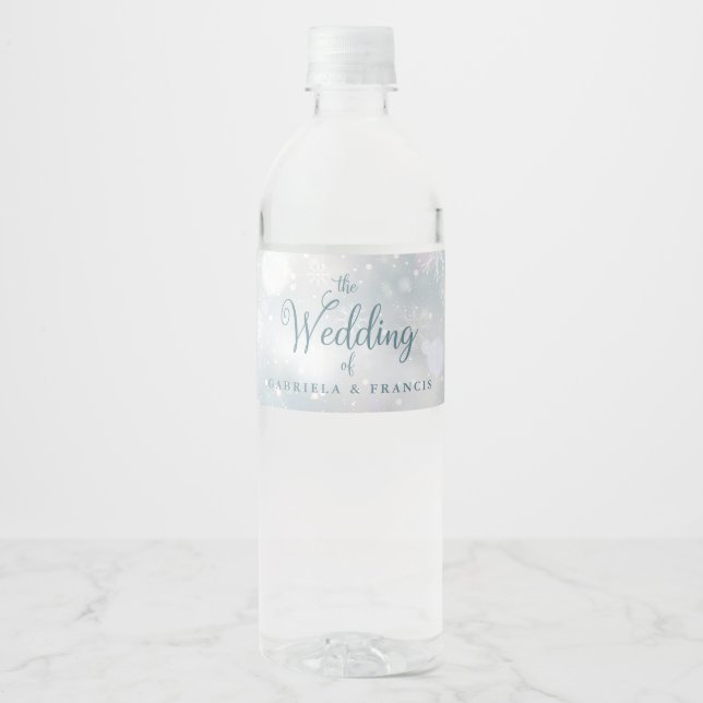 Elegant Snowflakes Script Winter Wedding Water Bottle Label (Front)