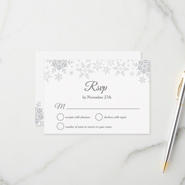 Elegant Snowflakes Silver Christmas Winter Wedding RSVP Card (Front/Back In Situ)