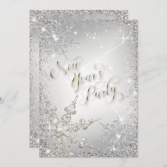 Elegant Snowflakes Silver Sparkle New Year's Party Invitation (Front/Back)