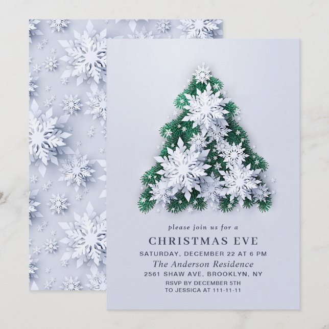 Elegant Snowflakes Tree Holiday CHRISTMAS EVE Invitation (Front/Back)