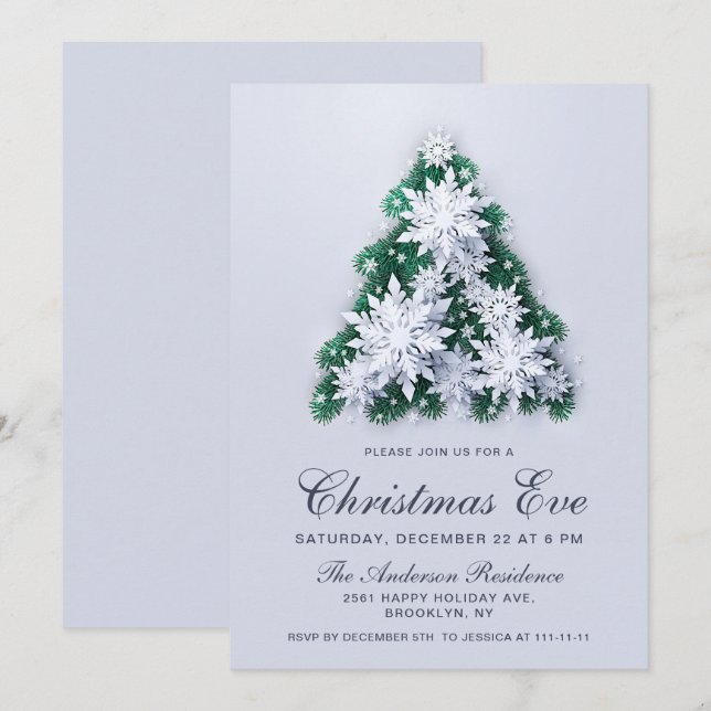 Elegant Snowflakes Tree Holiday Christmas Eve Invitation (Front/Back)
