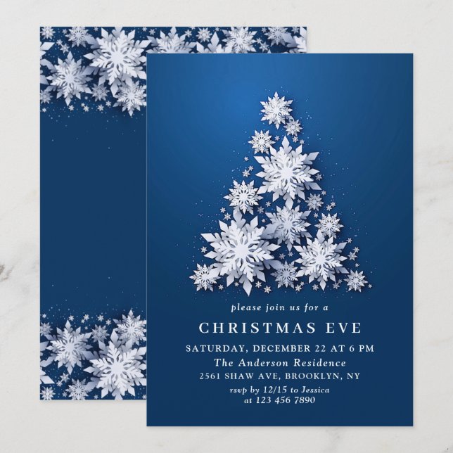 Elegant Snowflakes Tree Holiday CHRISTMAS EVE Invitation (Front/Back)