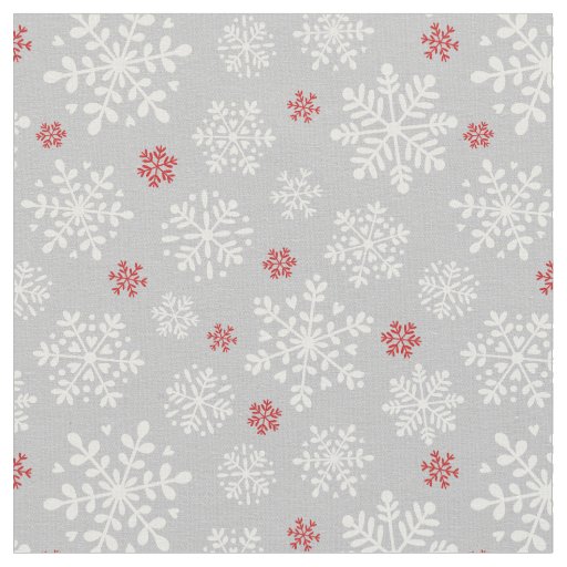 Elegant Snowflakes white and red on silver grey Fabric