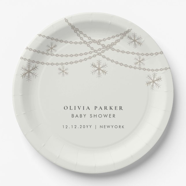 Elegant Snowflakes Winter Baby Shower Paper Plates (Front)