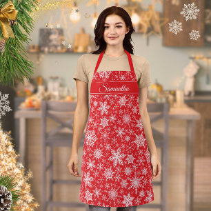 Elegant Snowflakes Winter Holidays Red Christmas Apron