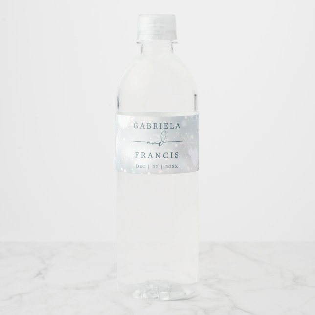 Elegant Snowflakes Winter Wonderland Wedding Water Bottle Label (Front)