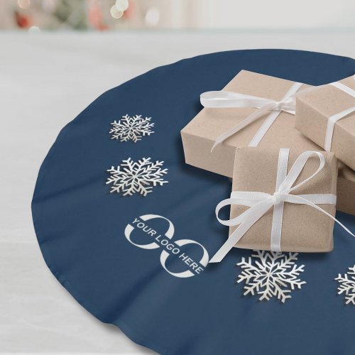 Elegant Snowflakes with Custom Business Logo Navy Brushed Polyester Tree Skirt
