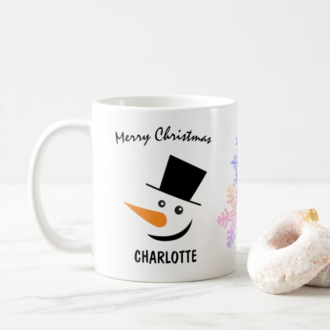 Elegant Snowman In Topper Hat. Merry Christmas Coffee Mug (With Donut)