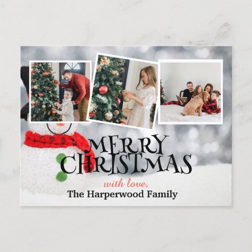 Elegant Snowman Joy Christmas Family Photo Collage Holiday Postcard