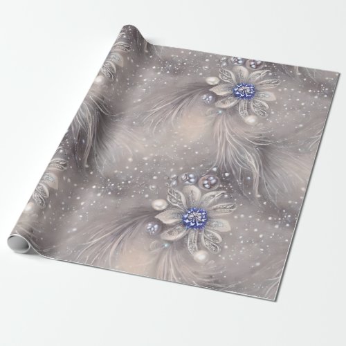Elegant Snowy Beaded Christmas Floral Wrapping Paper