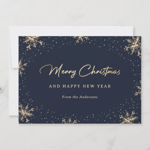 Elegant Snowy Blue and Gold Snowflake Holiday Card