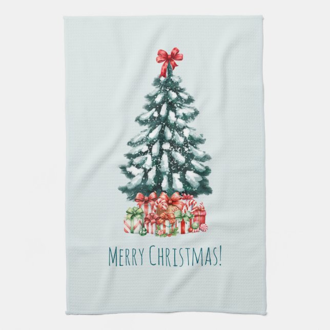 Elegant Snowy Christmas Tree Kitchen Towel (Vertical)