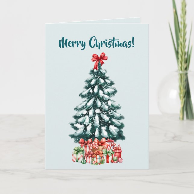 Elegant Snowy Christmas Tree Mint Green Card (Front)