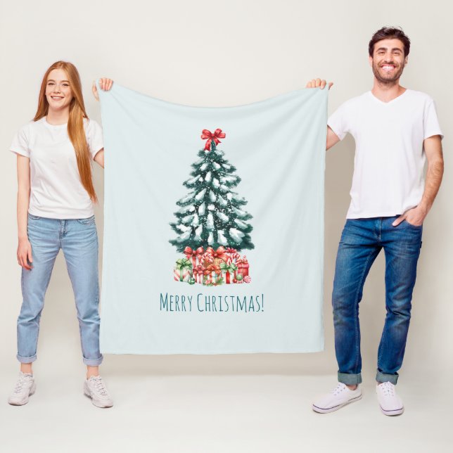 Elegant Snowy Christmas Tree Mint Green Fleece Blanket (In Situ)