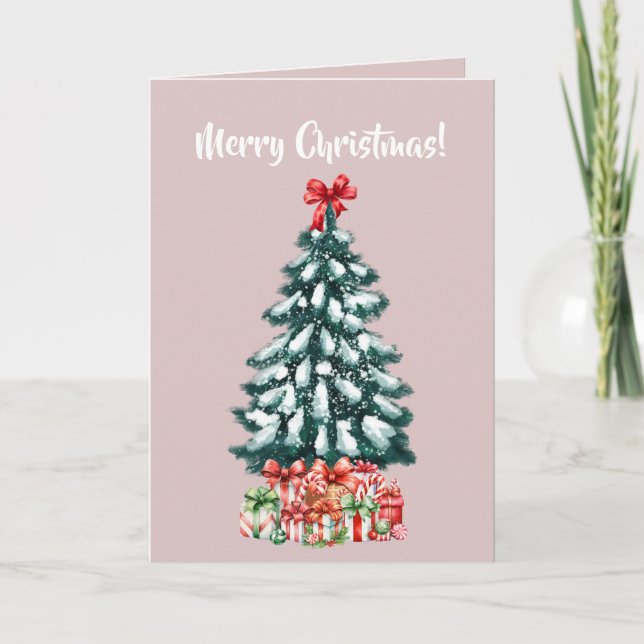 Elegant Snowy Christmas Tree Pink Card (Front)
