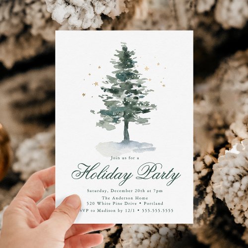 Elegant Snowy Pine Tree Gold Stars Holiday Party Invitation