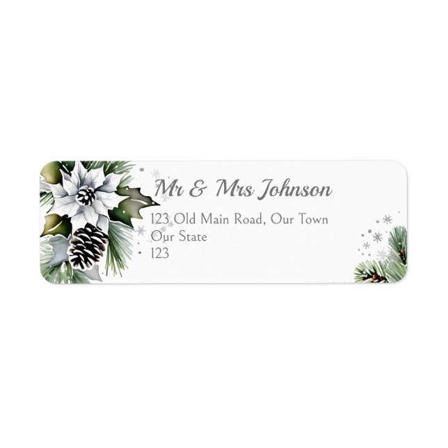 Elegant snowy pines white poinsettia label (Front)