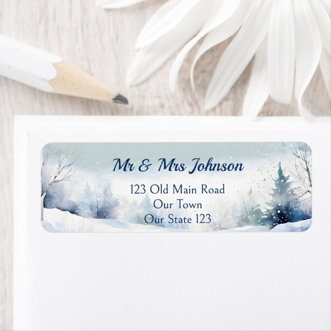 Elegant snowy pines white winter label (Insitu)