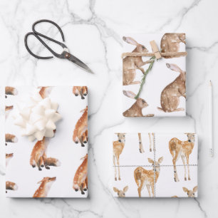 Elegant Snowy Winter Animals Red Fox Hare Doe Deer Wrapping Paper Sheets