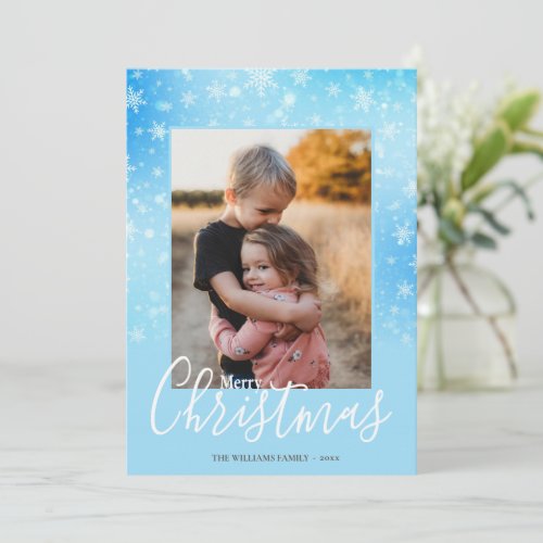 Elegant Snowy Winter Blue Merry Christmas Photo Holiday Card