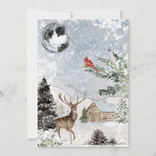 Elegant Snowy Winter Wonderland Deer Cardinal Holiday Card