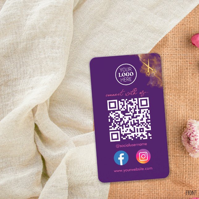Elegant Social Media Purple QR Code Gold Scissors Business Card (Creator Uploaded)