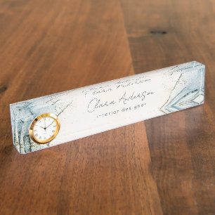Elegant Soft Abstract Watercolor Blue Gold Beachy Desk Name Plate
