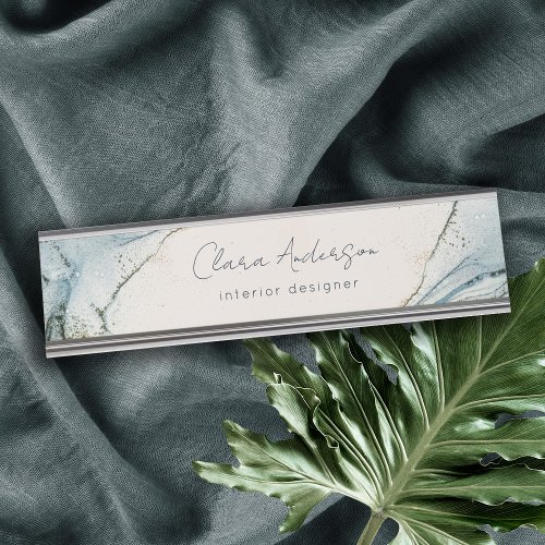 Elegant Soft Abstract Watercolor Blue Gold Beachy Desk Name Plate