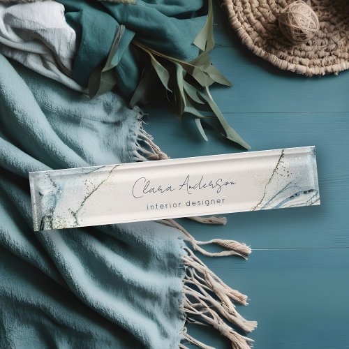 Elegant Soft Abstract Watercolor Blue Gold Beachy  Desk Name Plate