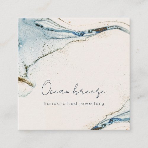 Elegant Soft Abstract Watercolor Blue Gold Beachy Square Business Card