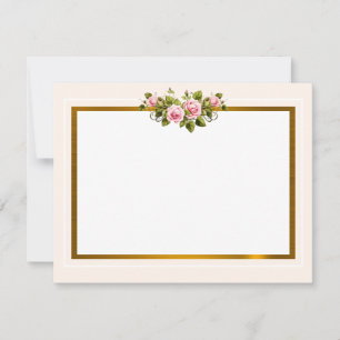 Elegant soft beige and Pink  Floral Gold Border Note Card