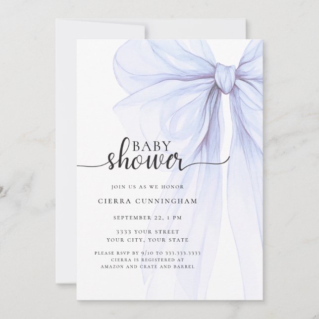 Elegant Soft Blue Bow Baby Shower Invitation (Front)