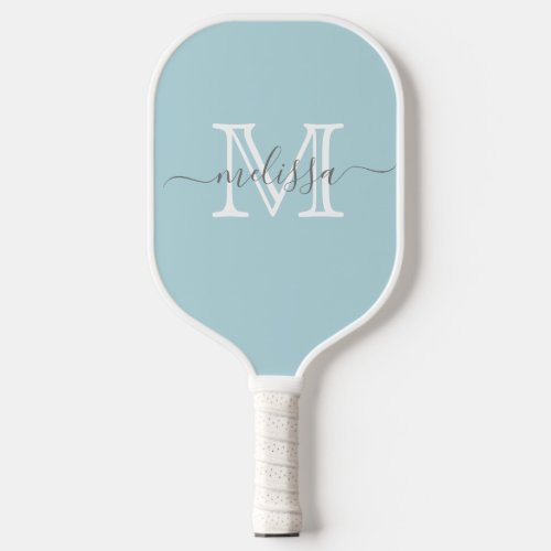 Elegant Soft Blue Minimal Name and Monogram  Pickleball Paddle