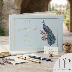 Elegant Soft Blue Peacock Photo Wedding Guest Book
