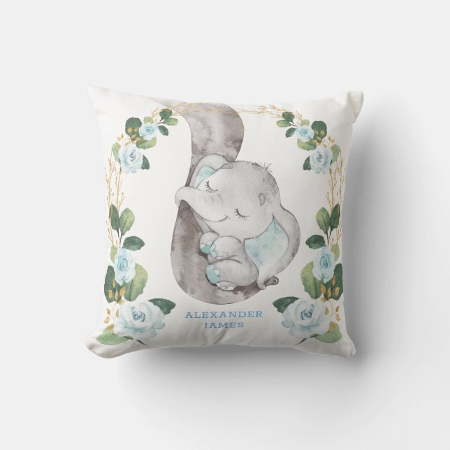Elegant Soft Blue Roses Baby Elephant Boy Nursery Throw Pillow (Front)