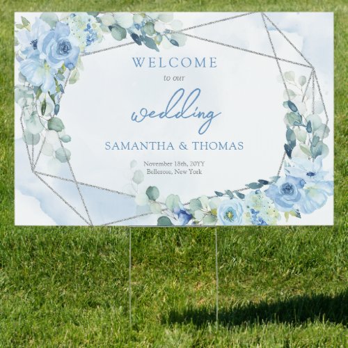 Elegant soft blue watercolor floral sage Welcome  Sign