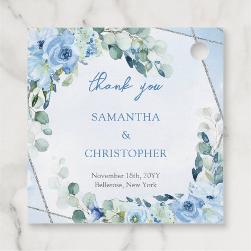 Elegant soft blue watercolor floral silver wedding favor tags