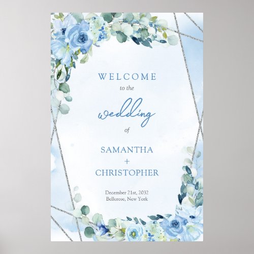 Elegant soft blue watercolor floral silver Welcome Poster