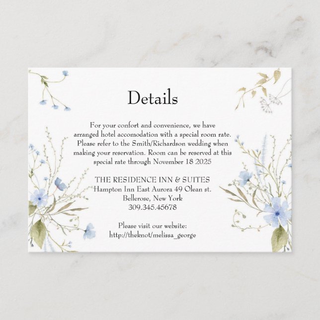 Elegant soft blue Wildflower Meadow details card (Front)