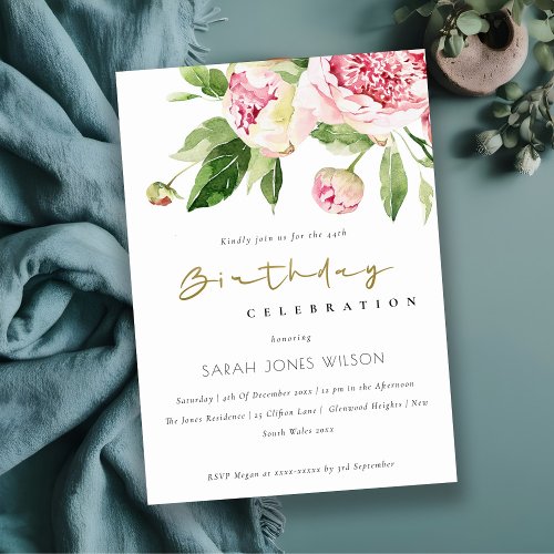 Elegant Soft Blush Floral Peony Any Age Birthday Invitation