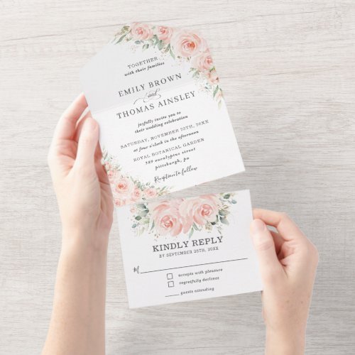 Elegant Soft Blush Floral Roses Greenery Wedding All In One Invitation
