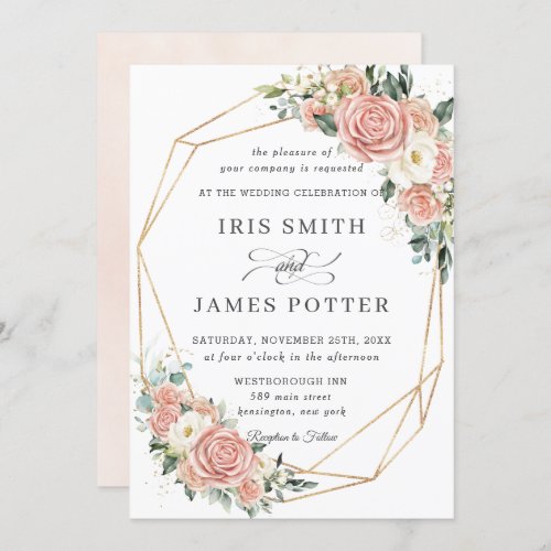 Elegant Soft Blush Ivory Floral Wedding Geometric  Invitation