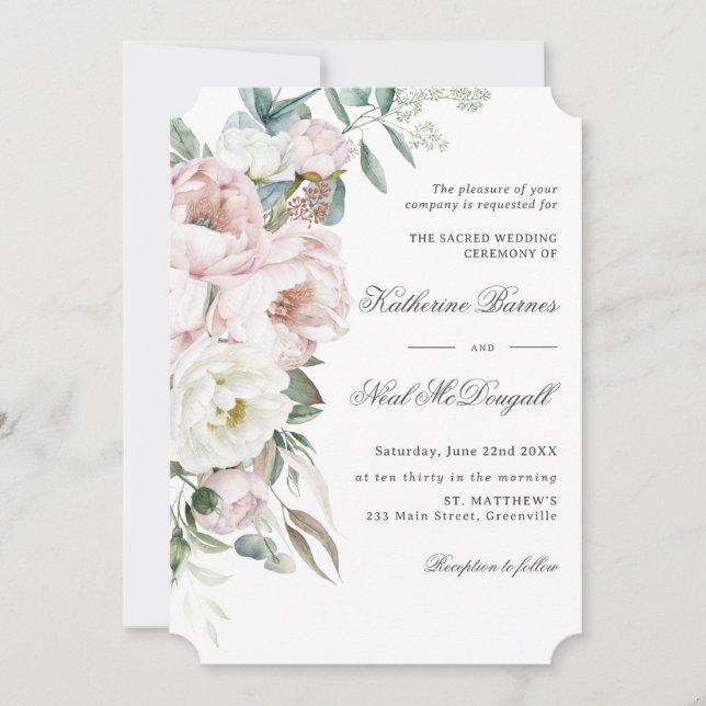 Elegant Soft Blush Ivory Peonies Floral Wedding Invitation (Front)