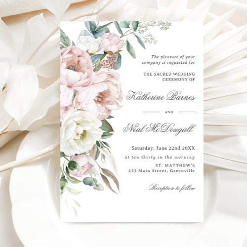 Elegant Soft Blush Ivory Peonies Floral Wedding Invitation