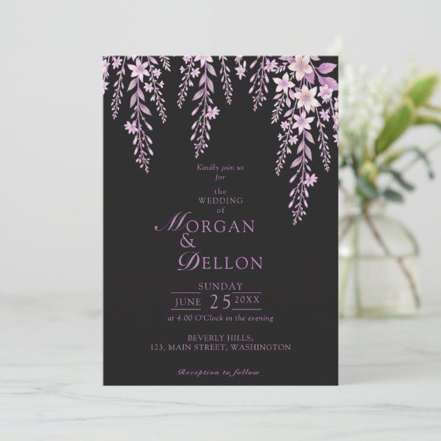 Elegant Soft Blush Lavender Floral Black Wedding  Invitation (Standing Front)