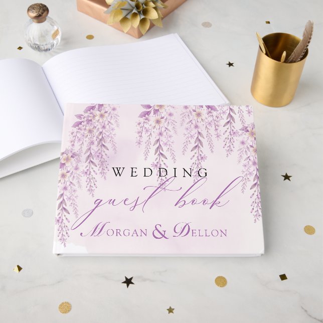 Elegant Soft Blush Lavender Floral Wedding Guest Book (Front Open)
