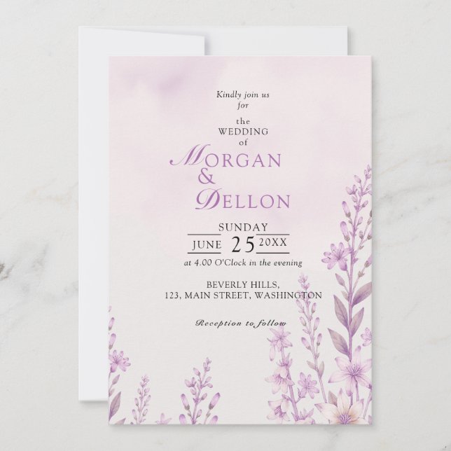 Elegant Soft Blush Lavender Floral Wedding Invitation (Front)
