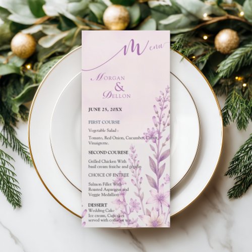 Elegant Soft Blush Lavender Floral Wedding  Menu
